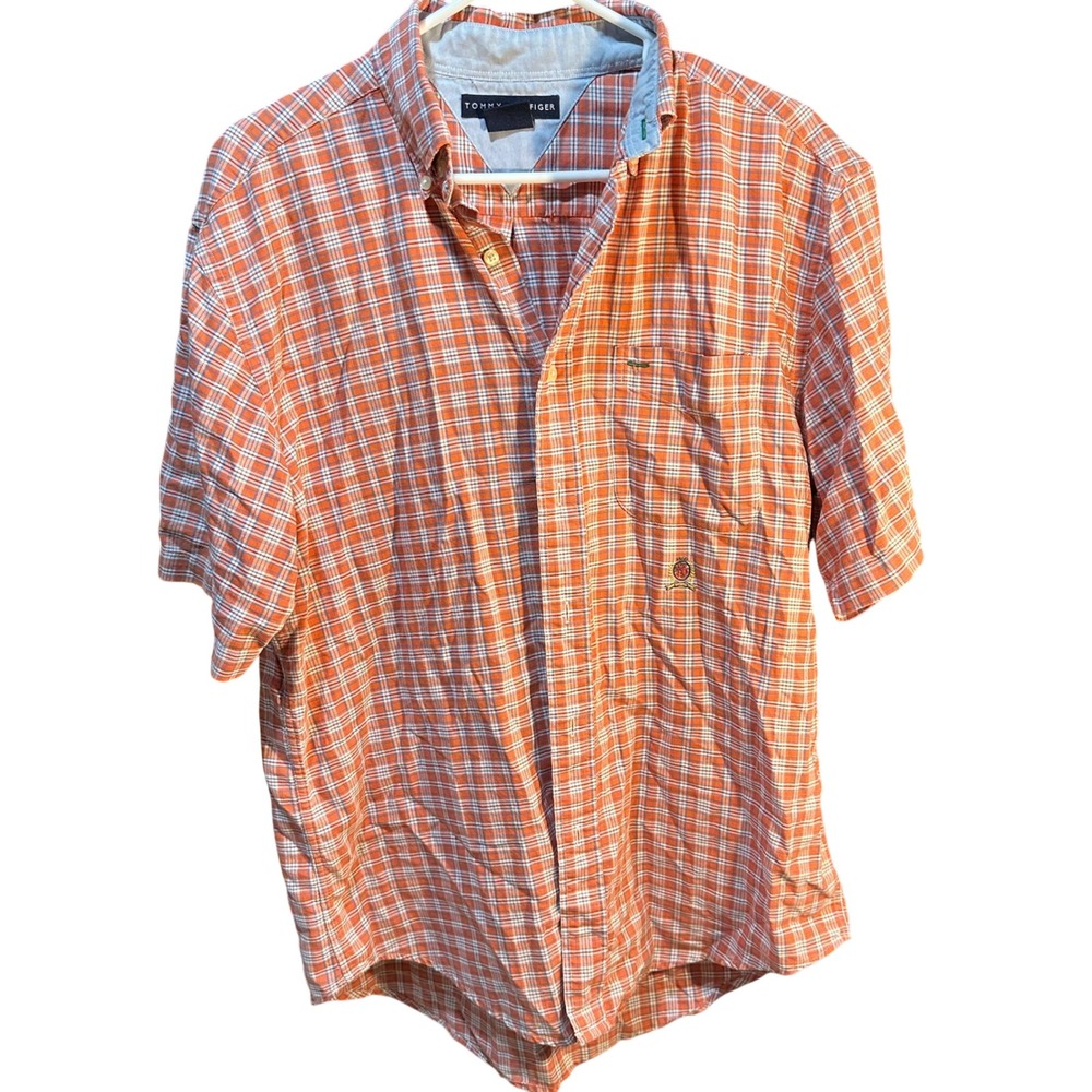 Tommy Hilfiger Men's Orange Plaid Short Sleeve Button Up‎ Shirt Size M